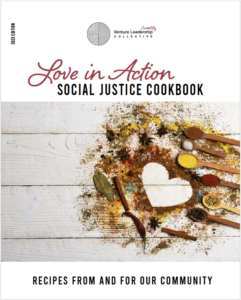 Title: Love in Action Image: Social Justice Cookbook. Spices in the shape of a heart on a table